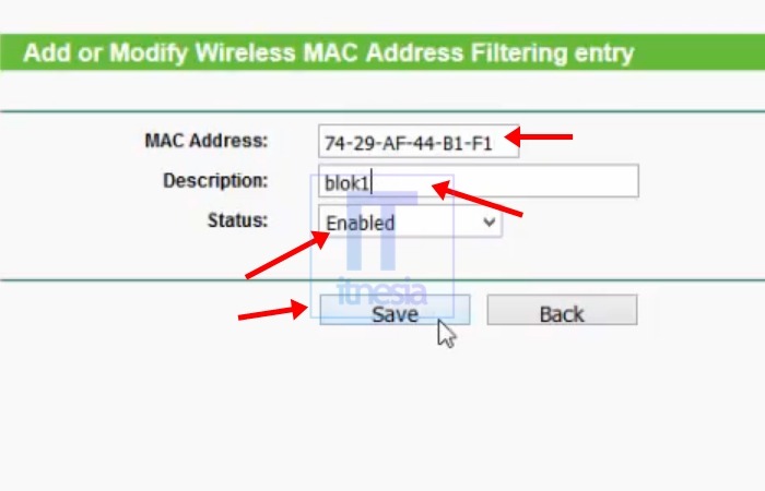 Cara Memblokir Pengguna WiFi (TP-Link) - Tampilan Halaman Penambahan MAC Address Filtering