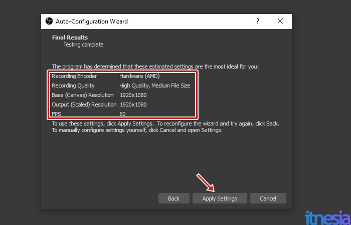 Cara Merekam Layar Komputer Menggunakan OBS - Hasil Dari Auto Configuration Wizard