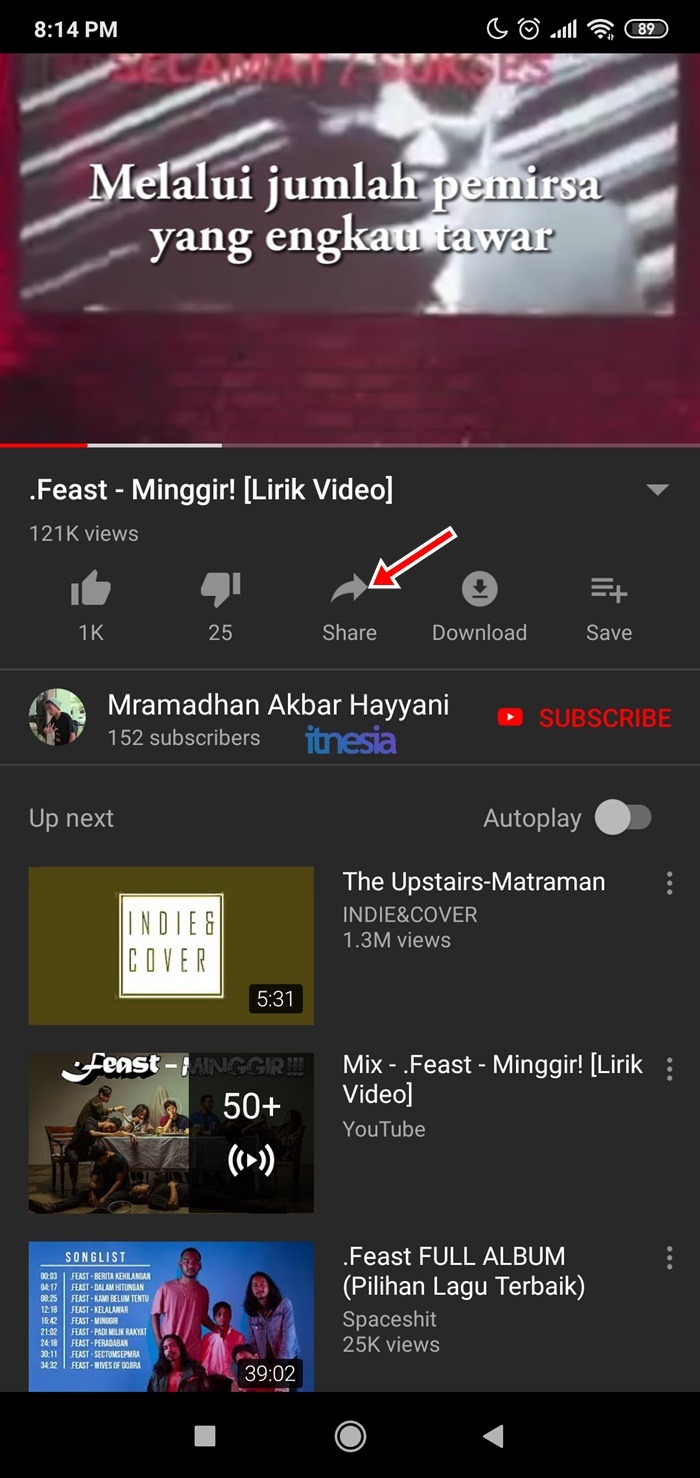 Tombol Share Video Pada Aplikasi YouTube Untuk Android