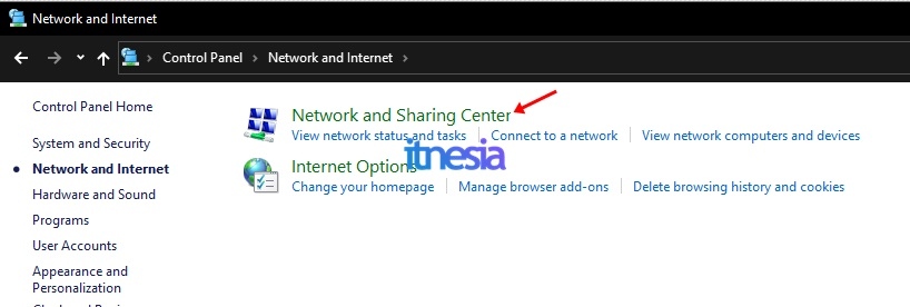 Pilih bagian network and sharing center