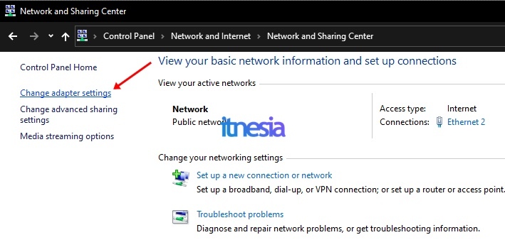 Pilih change adapter settings pada menu sebelah kiri layar