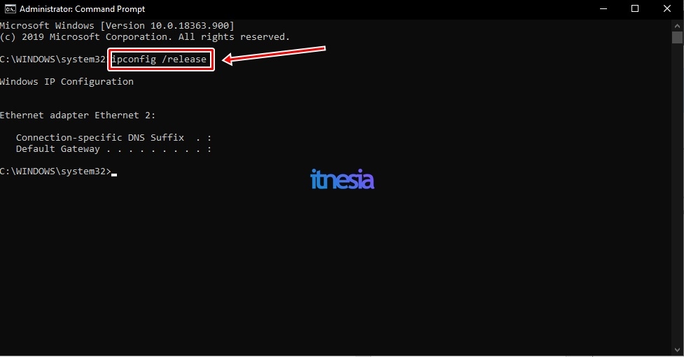 Solusi Ethernet WiFi Doesn't Have a Valid IP Configuration - Proses ipconfig release melalui command prompt