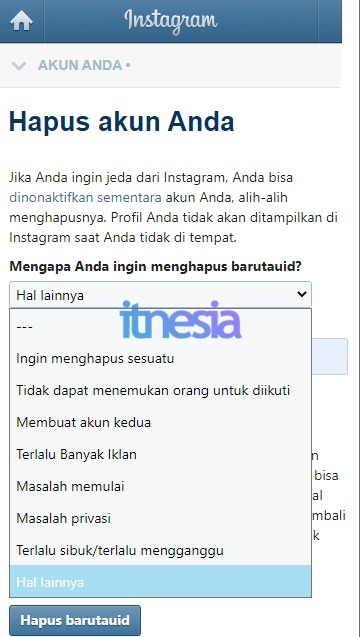 Cara Menghapus Akun IG Permanen Di HP - Sebutkan Alasan Penghapusan Akun