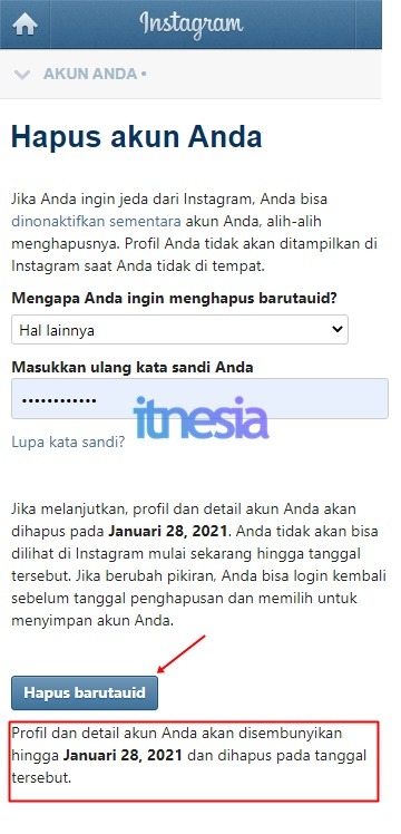Tekan Tombol Hapus Akun Instagram