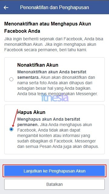 Pilih Hapus Akun Dan Lanjutkan Ke Penghapusan