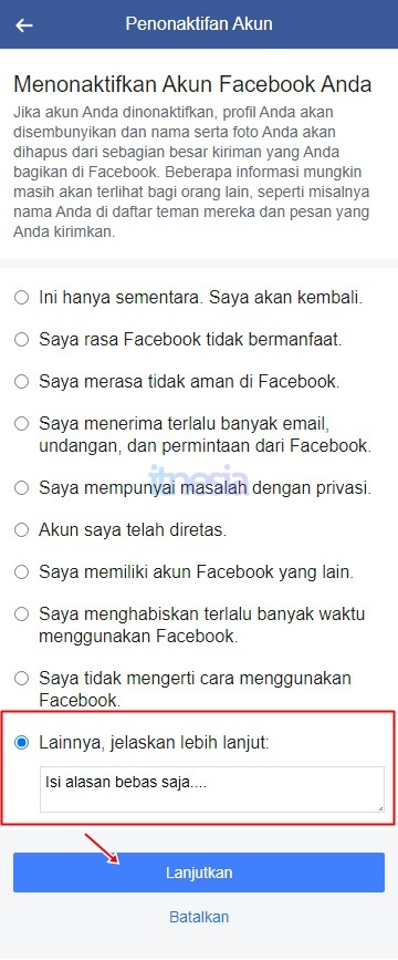 Tuliskan alasan penonaktifan akun dan tekan lanjutkan